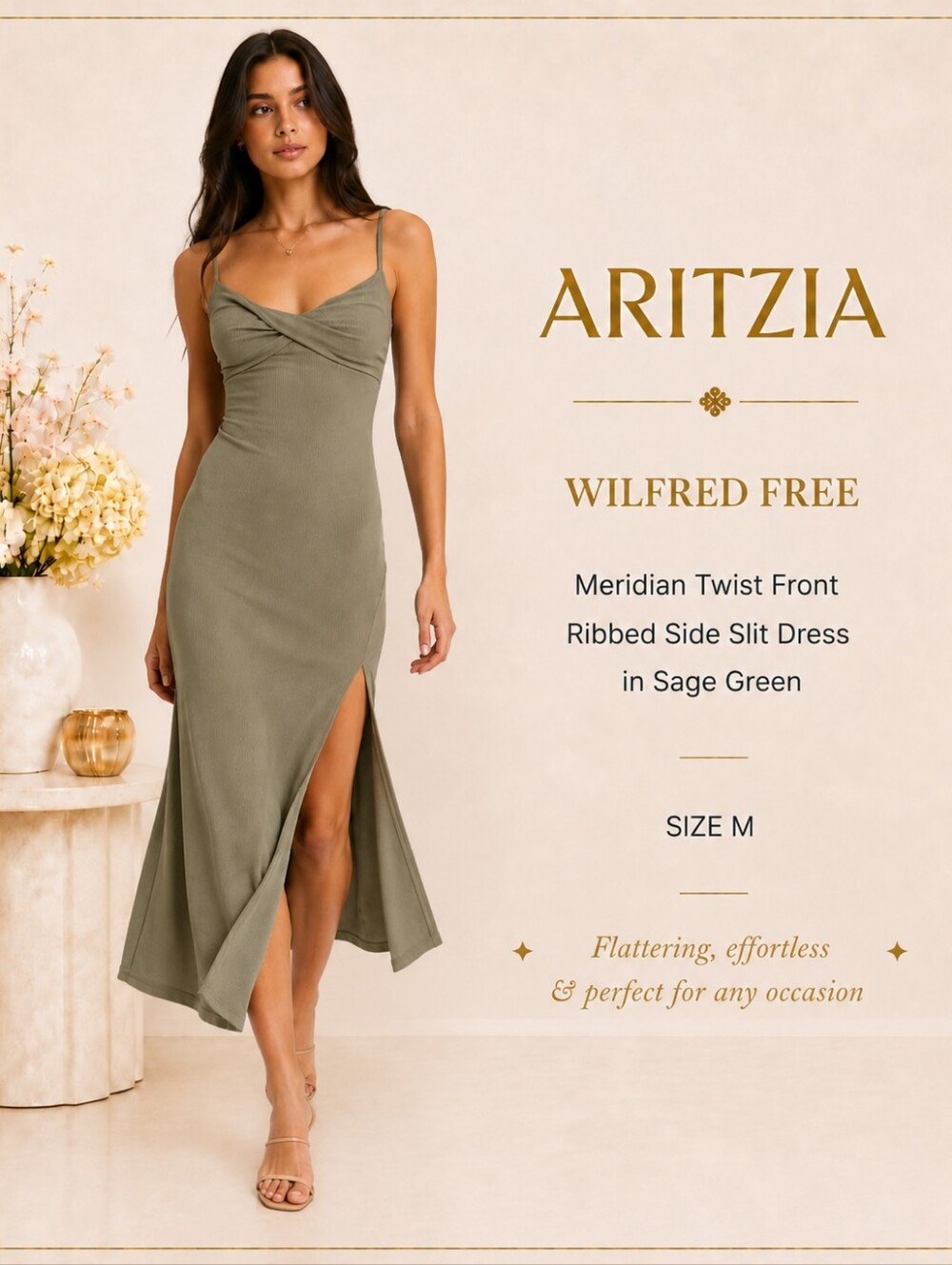 Aritzia Wilfred Free Meridian Twist Front Ribbed Side Slit Dress in Sage Green M